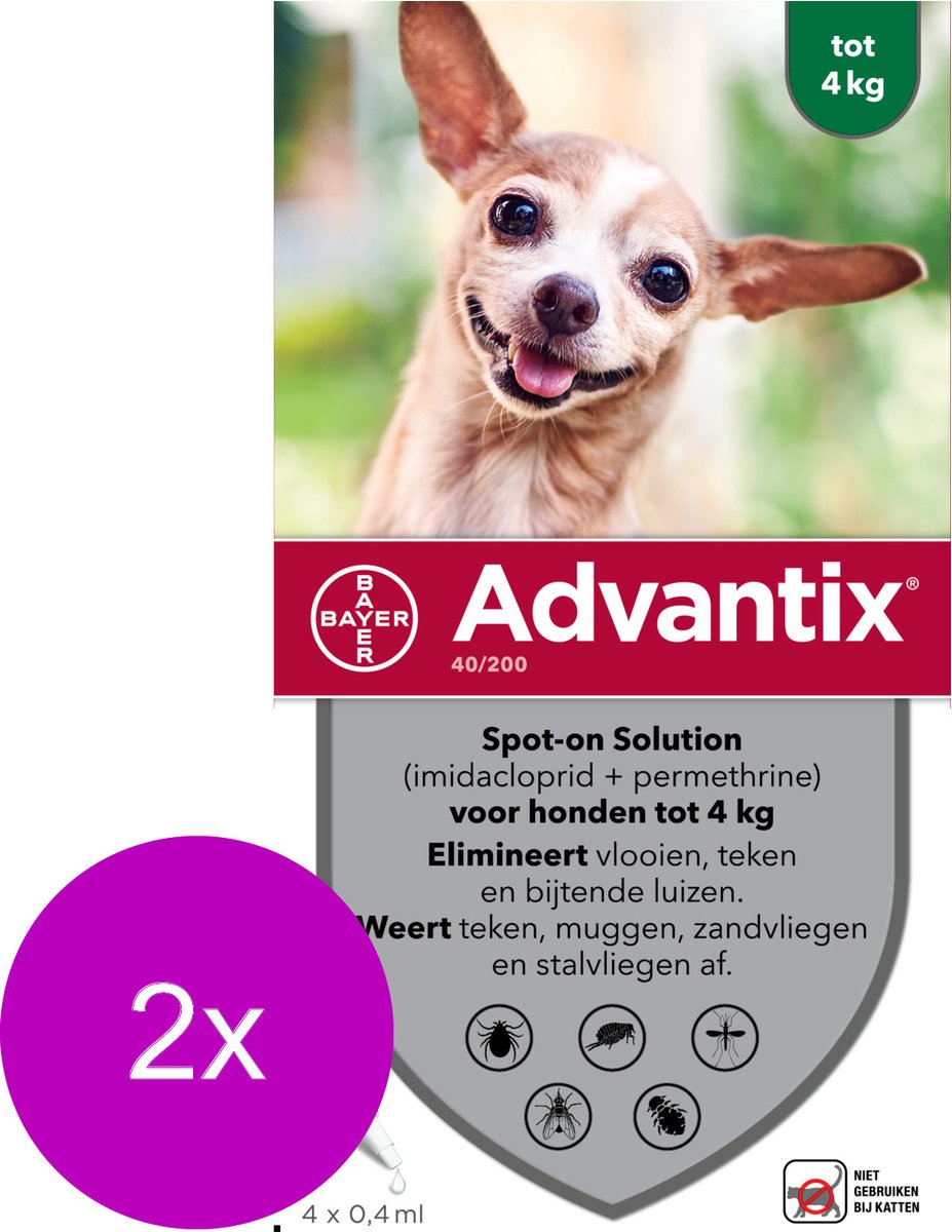 Advantix Spot On 40 0.4 ml - Anti vlooien en tekenmiddel - 2 x 4 pip 1.5-4 Kg