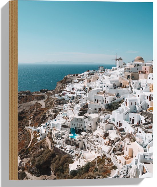 Hout - Witte Huisjes met Uitzicht op Zee - Santorini - 30x40 cm - 9 mm dik - Foto op Hout (Met Ophangsysteem)