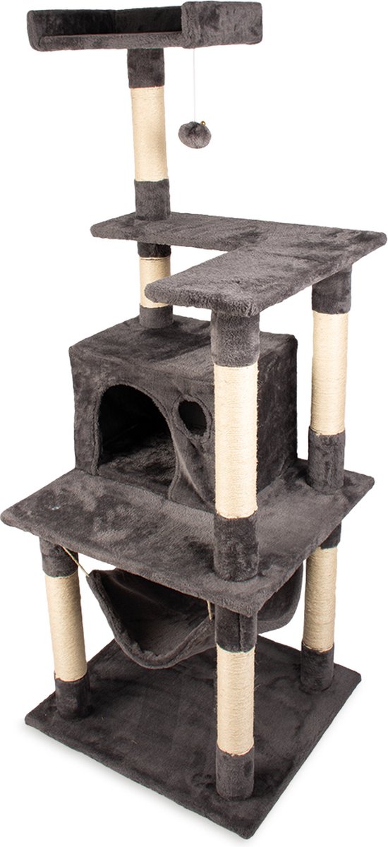 MaxxPet Grote krabpaal - Krabpaal met 3 comfortabele uitkijkplatforms - Kattenspeelgoed met 3 knuffelholen - Dikke palen - 60x50x160 cm - Grijs
