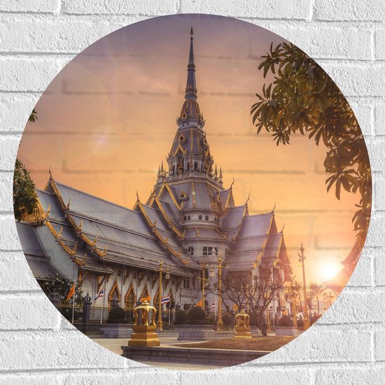 Muursticker Cirkel - Mooi Kasteel met Zonsondergang in Thailand - 70x70 cm Foto op Muursticker