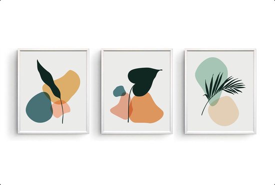 Postercity - Set d'affiches 3 Feuilles Botaniques Abstraites et Feuille de Palmier - Affiche Art Leaves - 30x21cm / A4