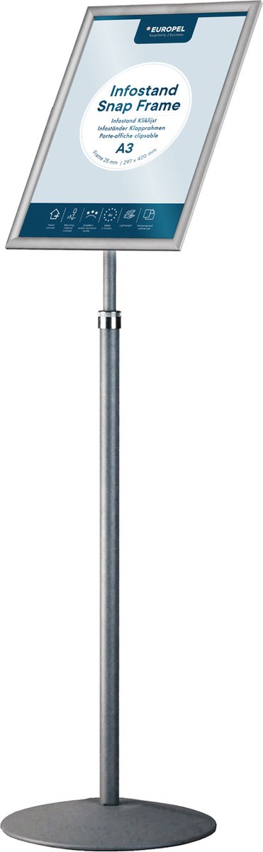 Europel Infostand – Telescopisch – A3 (29,7 x 42 cm) – Kliklijst – Verstelbaar – Grijs Zilver