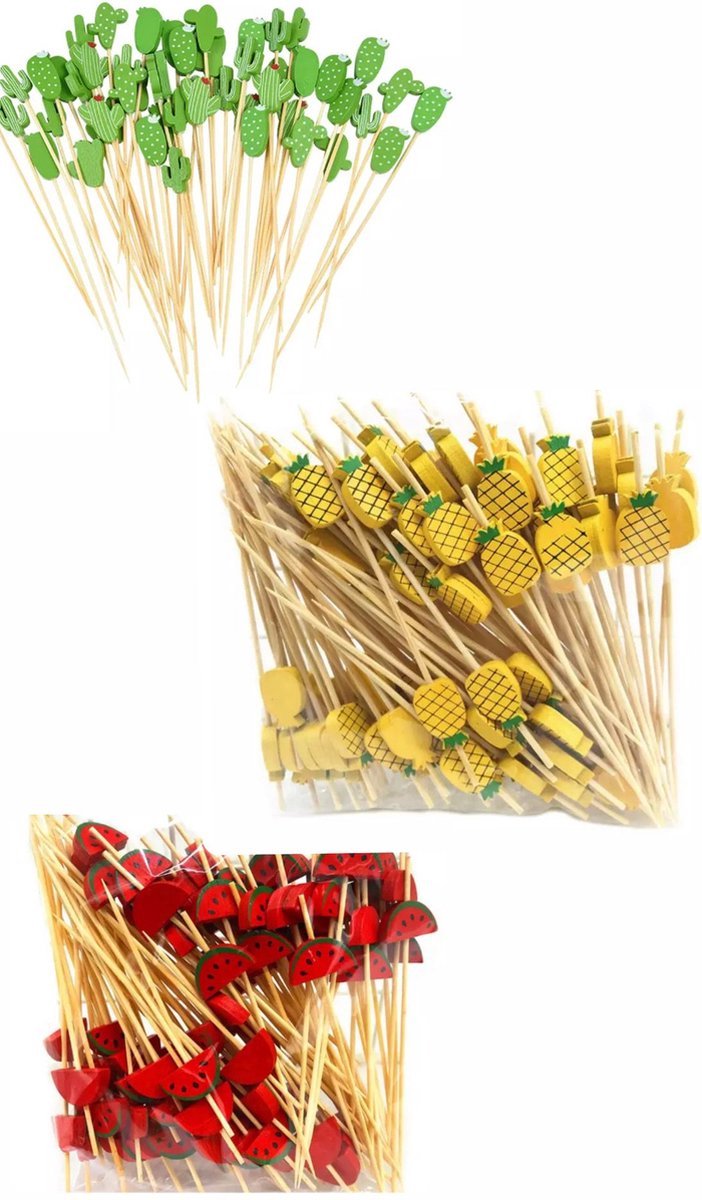 Akyol - Partyprikkers combi pakket - satéprikkers -Feestje - Verjaardag - cocktailprikkers - Feest prikkers - cocktailprikkers - 20 stuks – Geel– Tropisch – Ananas – watermeloen – cactus – Fruit