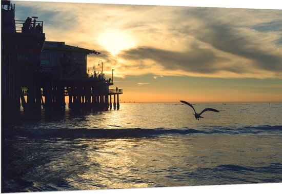 Dibond - Meeuw Vliegend Boven de Zee met aan de Zijkant een Leuk Strandtentje - 150x100 cm Foto op Aluminium (Met Ophangsysteem)