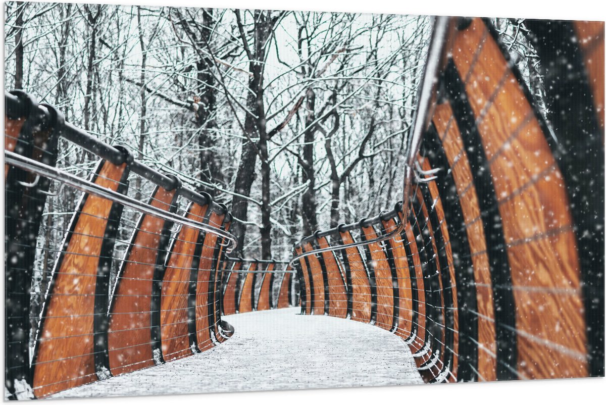Vlag - Hekwerk in Ondergesneeuwd Bos - 150x100 cm Foto op Polyester Vlag