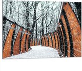 WallClassics - Dibond - Hekwerk in Ondergesneeuwd Bos - 100x75 cm Foto op Aluminium (Wanddecoratie van metaal)