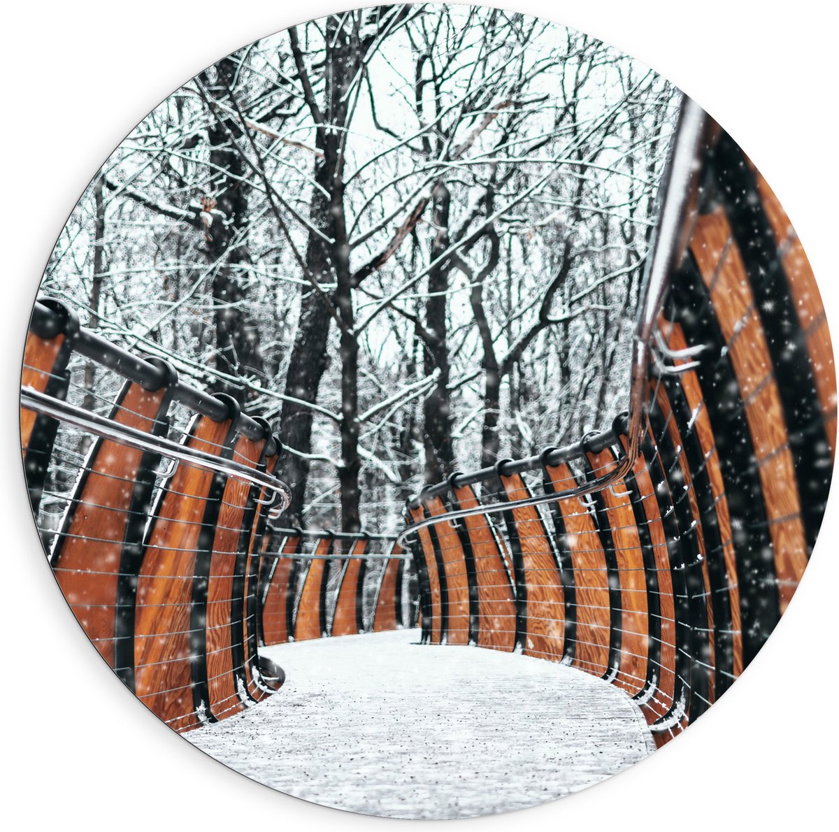 Dibond Muurcirkel - Hekwerk in Ondergesneeuwd Bos - 90x90 cm Foto op Aluminium Muurcirkel 