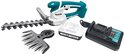 Makita gras- en buxusschaar met blauwe handgreep, witte behuizing, 18V batterij, oplader en verwisselbare bladen.