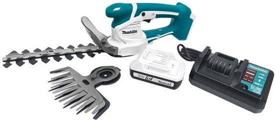 Makita gras- en buxusschaar met blauwe handgreep, witte behuizing, 18V batterij, oplader en verwisselbare bladen.