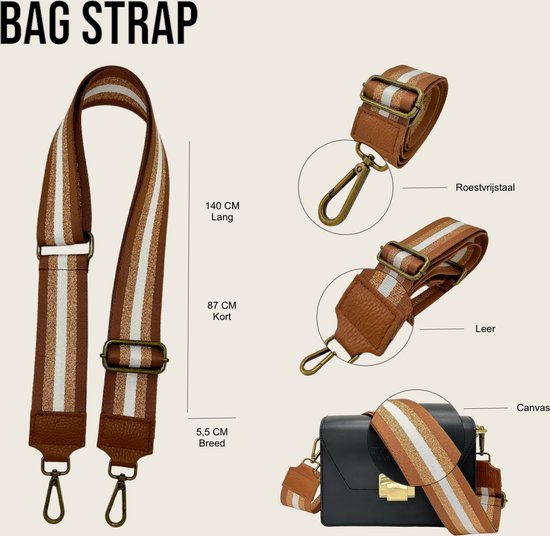 Bag strap- Bagsstrap - Dames Tas - Schouderband - Tassenriem - Verstelbaar - Tassenhengsel - Tassen Band - 140 cm lang - 5,5 cm breed - Canvas - Roestvrijstaal - Leer - Bruin/ Goud