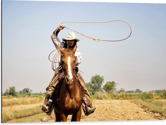 Dibond - Rijdende Cowboy met Lasso - 80x60 cm Foto op Aluminium (Met Ophangsysteem)