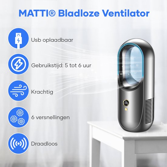 MATTI® - Tafelventilator - Ventilator Staand - Luxe Bladeless Ventilator - Fan - Aircooler - Zonder Blad, Draadloos - MATTI