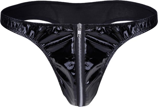 Heren Slip met Rits - Latex Look - String Zwart - Sexy Design - One Size - Mannen String - Ondergoed Maat L