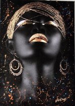 Schilderij Afrikaanse vrouw- Katoenen canvasdoek op houten frame-70x50cm- Gemengde techniek afdrukken + Acrylverf- Klaar om op te hangen