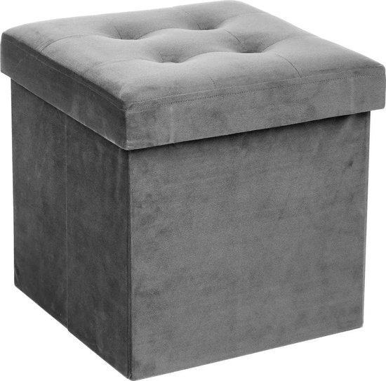 Atmosphera Poef/hocker/voetenbankje - opbergbox - zilvergrijs - PU/MDF - 38 x 38 cm - opvouwbaar