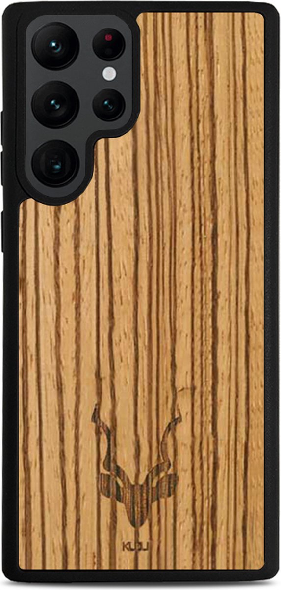 Kudu Samsung Galaxy S23 Ultra hoesje case - Houten backcover - Handgemaakt en afgewerkt met duurzaam TPU - Zebrano - Zwart