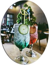 Dibond Ovaal - Twee Smaken Cocktails in een Knus Café - 51x68 cm Foto op Ovaal (Met Ophangsysteem)