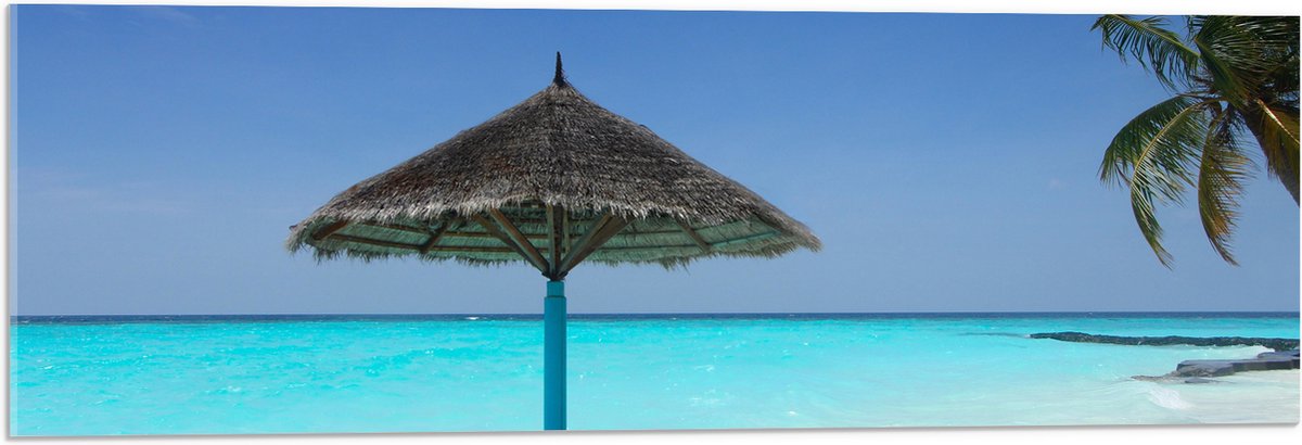 Acrylglas - Rieten Parasol op het Strand bij het Blauwe Water - 90x30 cm Foto op Acrylglas