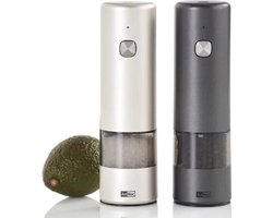 AdHoc i.Mill Elektrische Peper- en Zoutmolen Set – Lichtgrijs & Donkergrijs – Kunststof & RVS – Oplaadbaar – 17 cm
