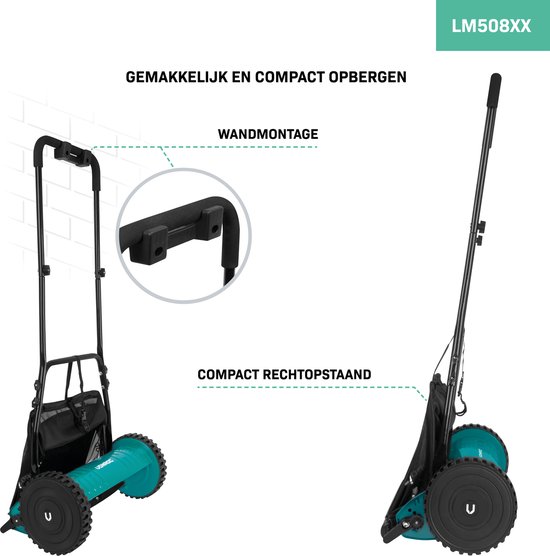 VONROC Kooimaaier – handgrasmaaier - 400mm - 4 instelbare maaihoogtes (15-25-31-35mm) incl. muurbeugel en opvangzak