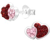 Joy|S - Zilveren hartje oorbellen - 2 hartjes - 9 x 6.5 mm - rood roze kristal - kinderoorbellen