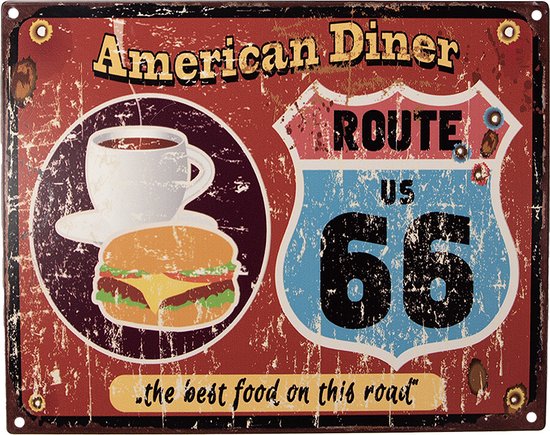 Clayre & Eef Tekstbord 25x20 cm Rood Ijzer Hamburger en koffie American Diner the best food on this road Wandbord