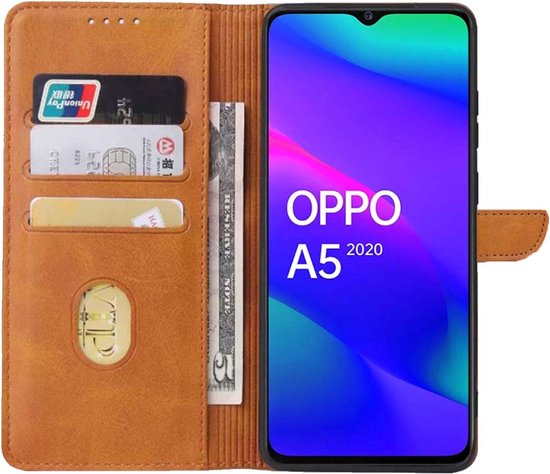 Geschikt voor Oppo A5 2020 Telefoonhoesje Kunstleer met Magnetisch lipje en Pasjeshouder Book Case met Klepje - Bruin - Smartphonica geschikt voor OPPO A5 (2020)