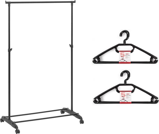 Kledingrek met kleding hangers - enkele stang - kunststof - zwart - 80 x 42 x 160 cm