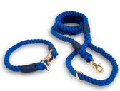 Meritosh Halsband S (30cm omtrek) + Leiband Set 100% Katoen Handgemaakt Blauw