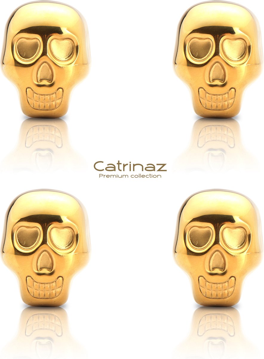 Catrinaz® Luxe Gouden Skull Whiskey Stones – 4 Roestvrijstalen Whiskey Stenen & Fluwelen Opbergzak