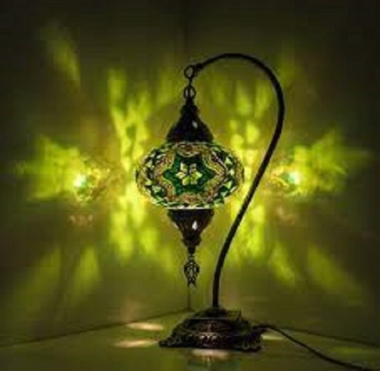Mozaïek Lamp - Oosterse Lamp - Turkse Lamp - Tafellamp - Marokkaanse Lamp - Boogmodel - Ø 19 cm - Hoogte 42 cm - Handgemaakt - Authentiek - Groen