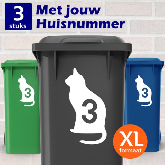 Foto: Container stickers xl extra groot a4 formaat voordeelset 4 stuks kat poes met huisnummer sticker voor afvalcontainer kliko klikosticker 30x20cm 