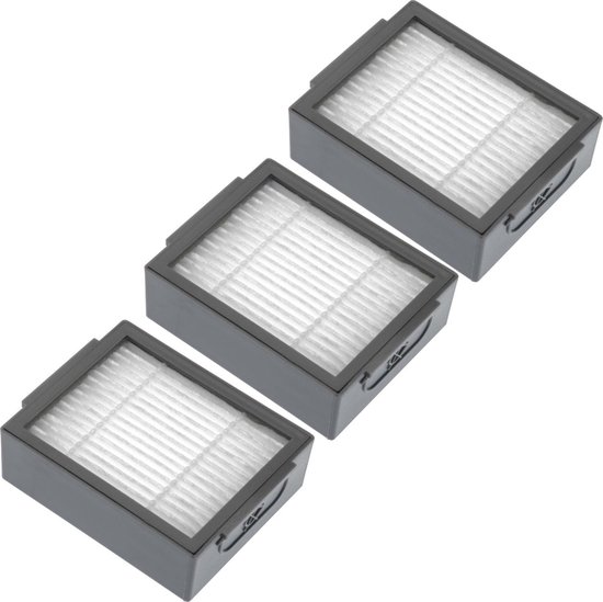 Drie grijze filters met wit plooipapier en een lipje aan de rechterkant, naast elkaar.