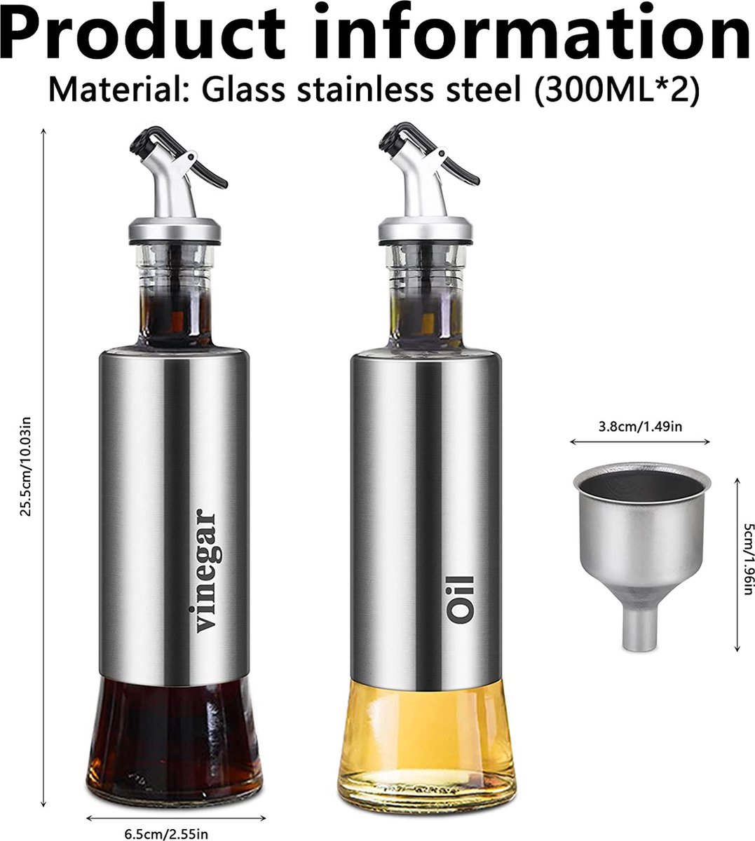 Bugucat Oliefles 500 ml, azijnfles van glas met dispenser, olieflessen met schenktuit en etiket, olijfoliedispenser met anti-vuilsluiting, lekvrij en druppelvrij, voor koken, grillen, salade