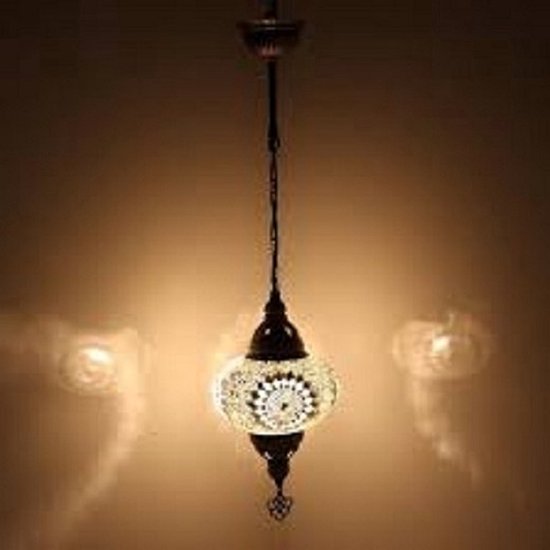 Hanglamp - Mozaïek Lamp - Oosterse Lamp - Turkse Lamp - Marokkaanse Lamp  Hoogte 53 cm - Handgemaakt - Authentiek - Wit