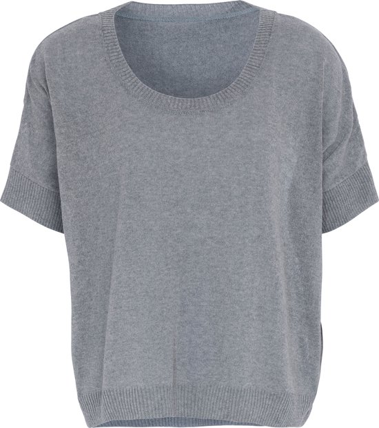 Knit Factory Senna Gebreide Dames Top - Trui met korte mouwen - Gebreide t-shirt - T-shirt - Shirt Gemaakt van 50% gerecyceld katoen - Ronde hals - Licht Grijs - 36/44