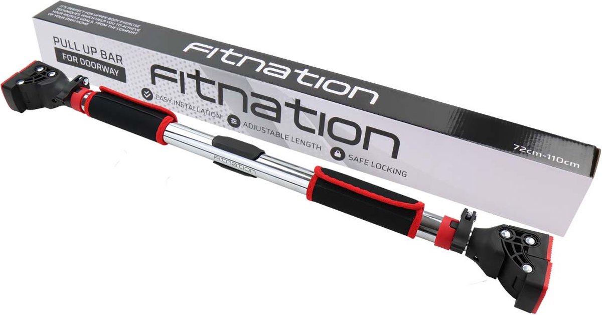 Fitnation Pull up Bar - Pull up Bar Station - Optrekstang - Met handleiding - Verstelbaar 72 cm tot 110 cm - Zilver/Rood