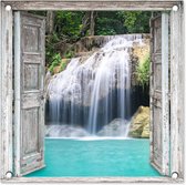 Tuinposter - Doorkijk - Waterval - Landschap - Bomen - Regenwoud - 50x50 cm - Schuttingdoek - Doorkijk tuinposter - Tuindoek - Buitenposter