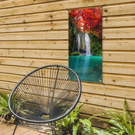 Poster de jardin Cascade - arbre - Rouge - Automne - Water - 40x80 cm - Décoration murale Outdoor - Poster de jardin - Toile de jardin - Poster de clôture - Tableau de jardin