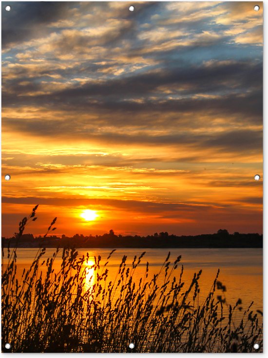 Tuinposter 90x120 cm - Tuindecoratie Zonsondergang - Zee - Horizon - Lucht - Planten - Poster voor in de tuin - Buiten decoratie - Schutting tuinschilderij - Tuindoek muurdecoratie - Wanddecoratie balkondoek