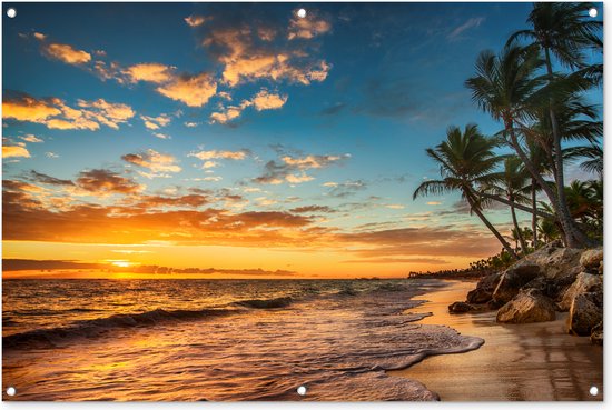 Tuinposter strand - Zee - Zonsondergang - Palmbomen - Natuur - Tropisch - Tuindecoratie - Tuin - Tuinschilderij voor buiten - Schutting decoratie - 120x80 cm - Schuttingdoek - Tuindoek - Tuinposters