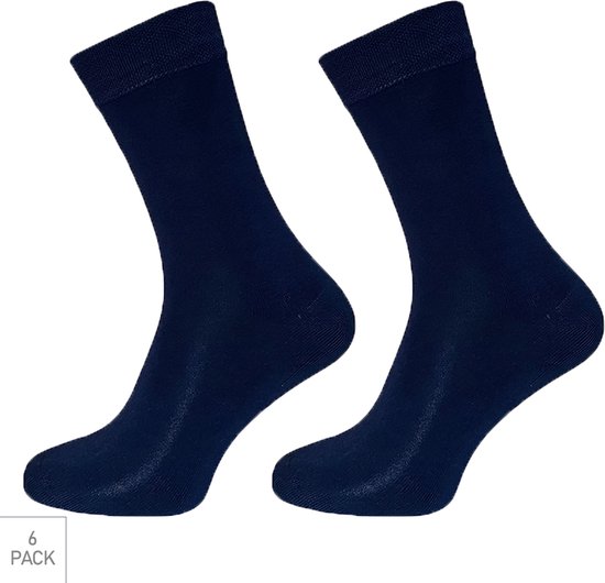 Deux chaussettes en bambou bleu marine, avec bord côte tricoté. "6 PACK" est visible.