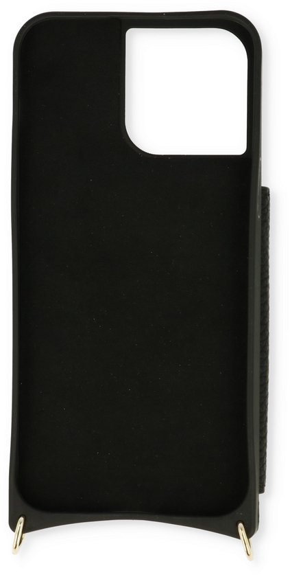 Casemania Coque pour Apple iPhone 14 Pro Zwart - Coque arrière avec sangle réglable - Porte-cartes et cordon