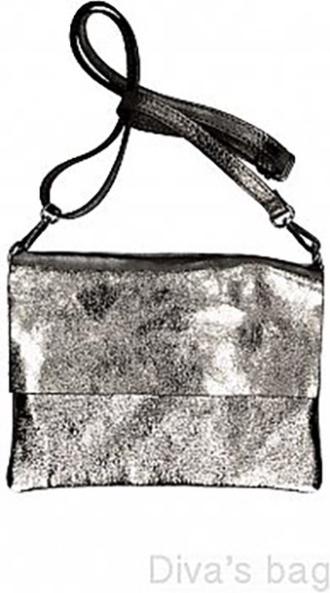 Lederen tas-portemonnee met klep verstelbaar schouderband - ZILVER kleur