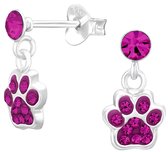 Joy|S - Zilveren kat hond dierenpoot oorbellen - bedel oorknoppen - poot afdruk - fuchsia roze kristal