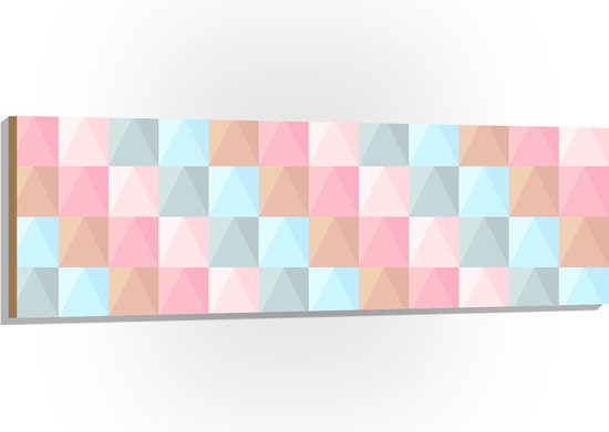 Hout - Blokpatroon van Blauw, Bruin en Roze Vakken - 150x50 cm - 9 mm dik - Foto op Hout (Met Ophangsysteem)