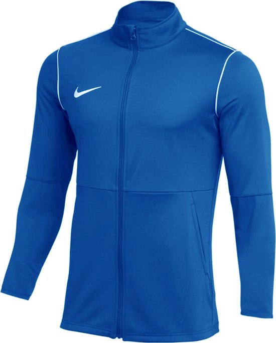 Blauw trainingsvest voor kinderen van Nike met ritssluiting, lange mouwen en witte bies.