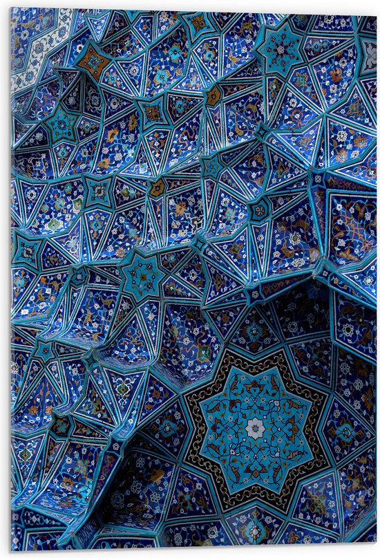 Acrylglas - Blauw Bloemenpatroon op Tegels in Plafond - 50x75 cm Foto op Acrylglas (Wanddecoratie op Acrylaat)