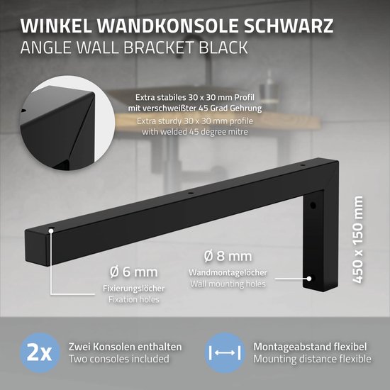 ML-Design set van 2 wandsteunen in L vorm voor wastafel 300 x 150 mm