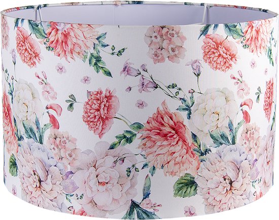 HAES DECO - Lampenkap - Loving Chic - wit met roze bloemen bedrukt - formaat Ø 45x28 cm, voor Fitting E27 - Tafellamp, Hanglamp